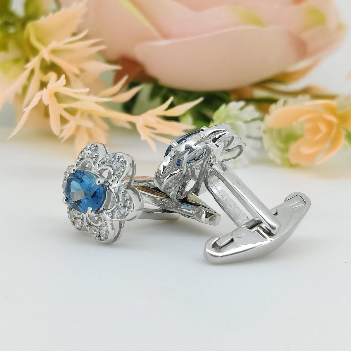 Oval London Blue Topaz Sterling Silver Cufflinks, December Birthstone Flower Cufflinks
