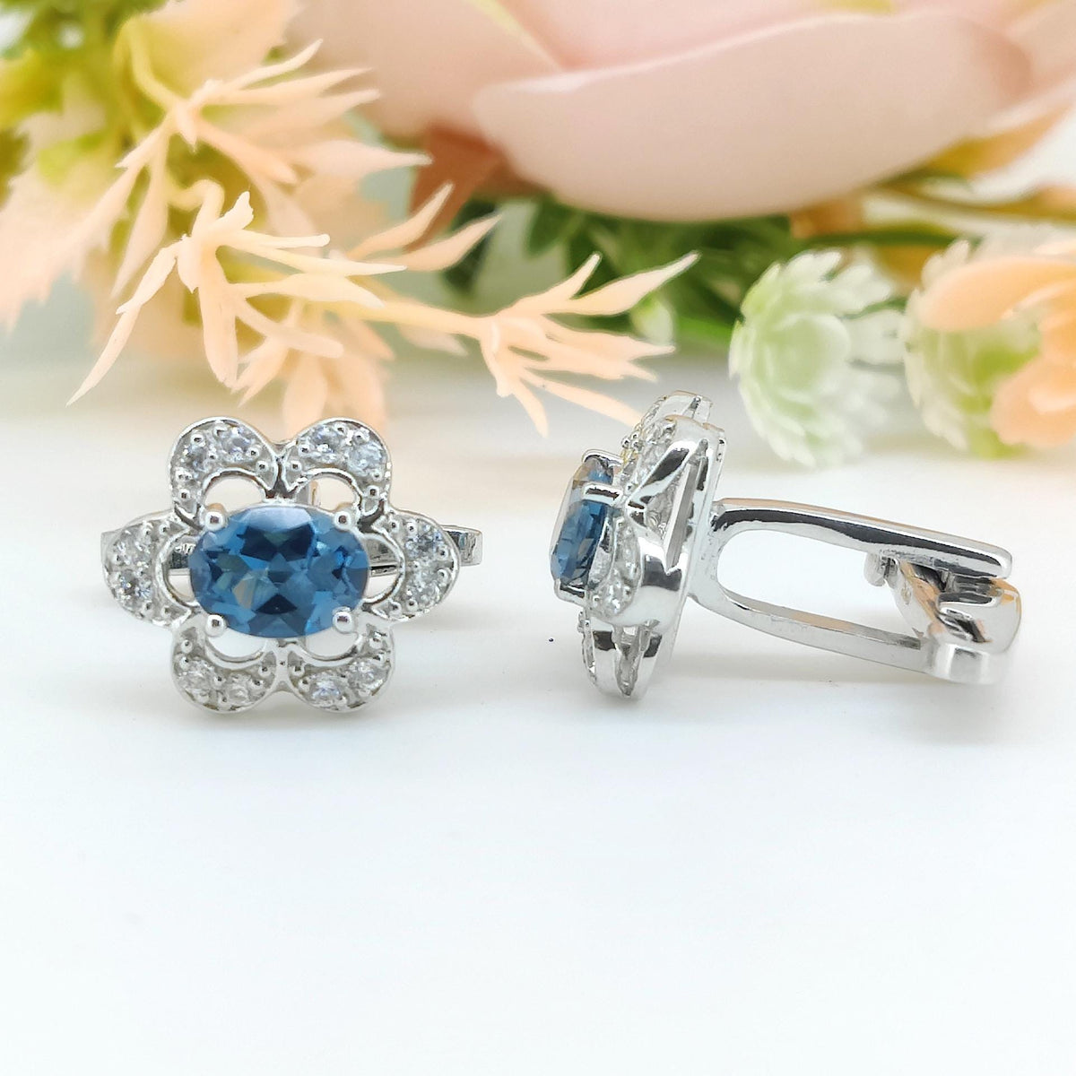 Oval London Blue Topaz Sterling Silver Cufflinks, December Birthstone Flower Cufflinks