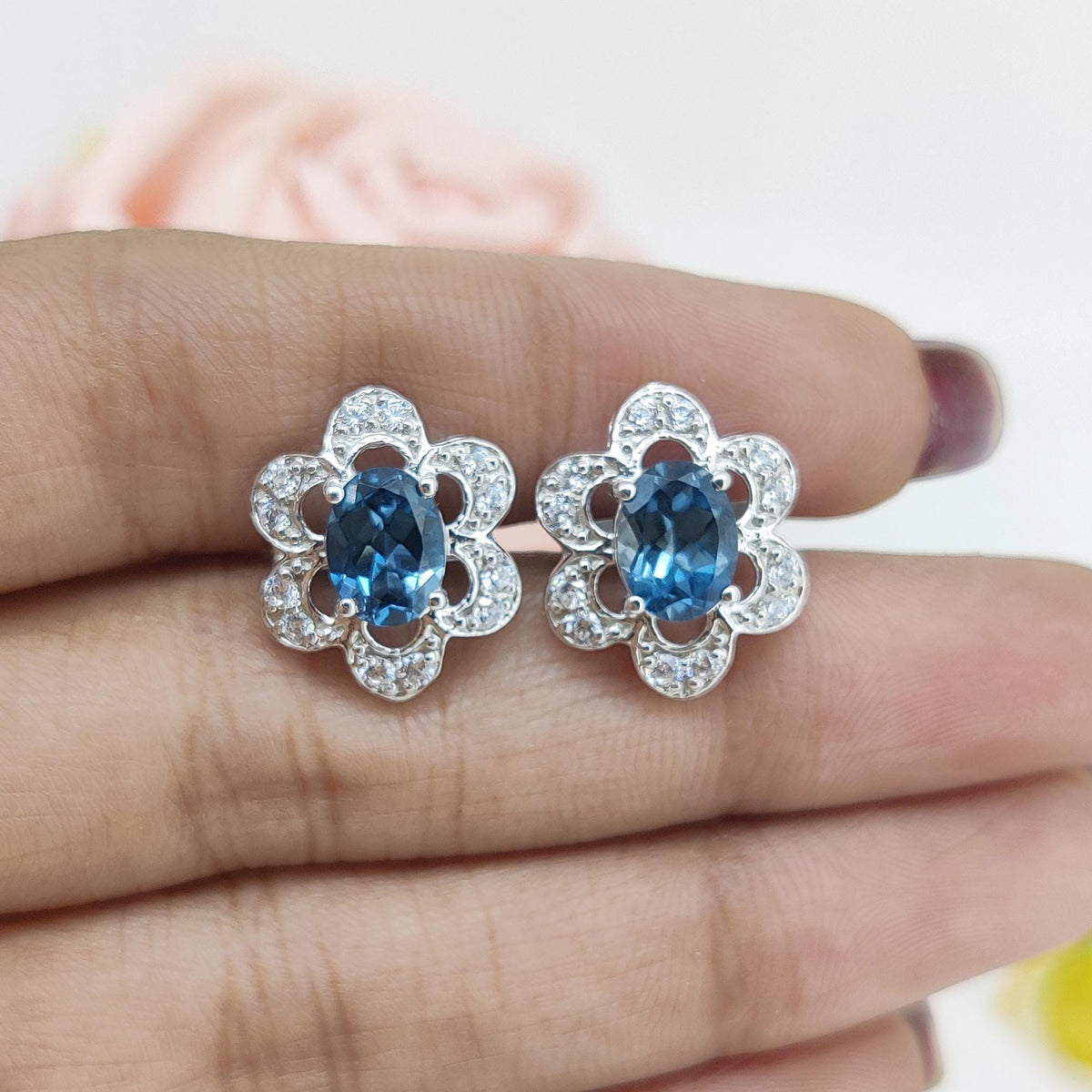 Oval London Blue Topaz Sterling Silver Cufflinks, December Birthstone Flower Cufflinks