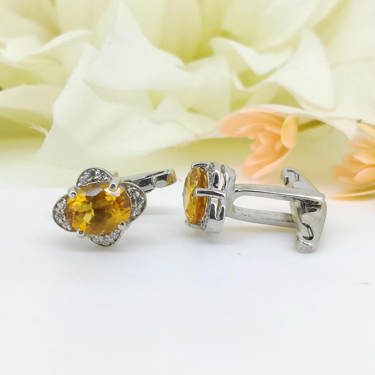 Natural Citrine Oval Cufflinks, 925 Sterling Silver, November Birthstone, Men's Accessories
