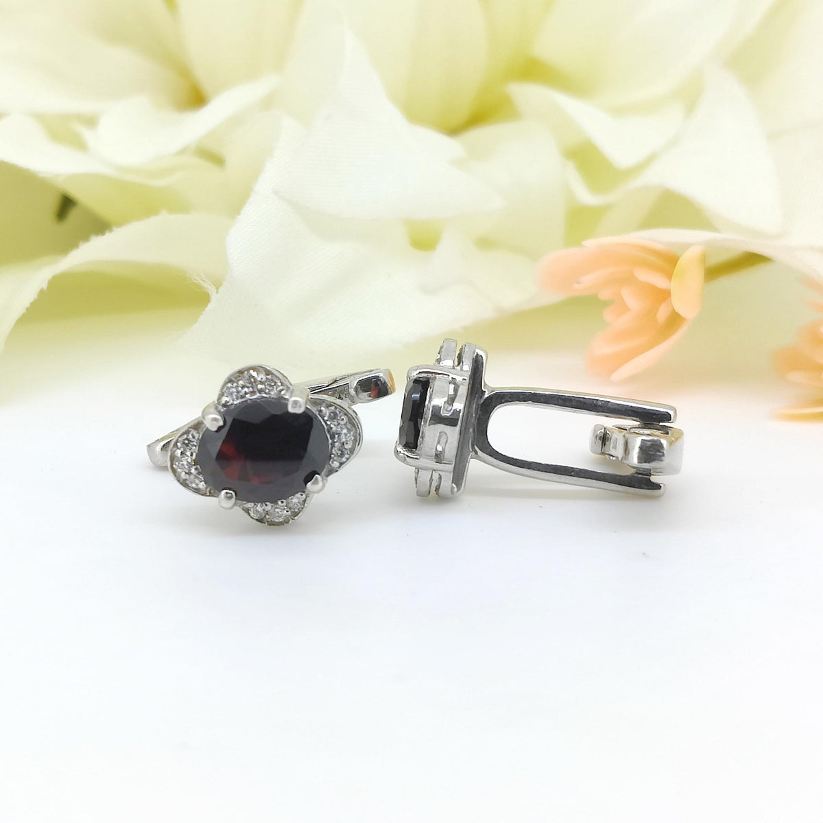 Garnet Sterling Silver Cufflinks, January Birthstone, Oval Red Gemstone, Geometric Men's Jewelry
