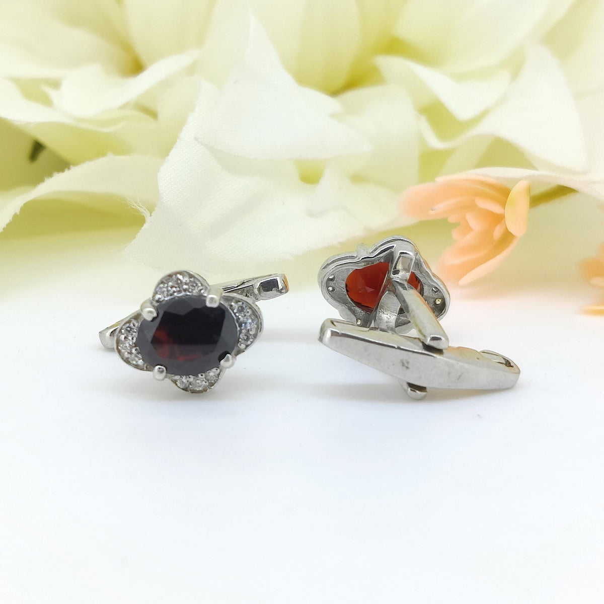 Garnet Sterling Silver Cufflinks, January Birthstone, Oval Red Gemstone, Geometric Men's Jewelry