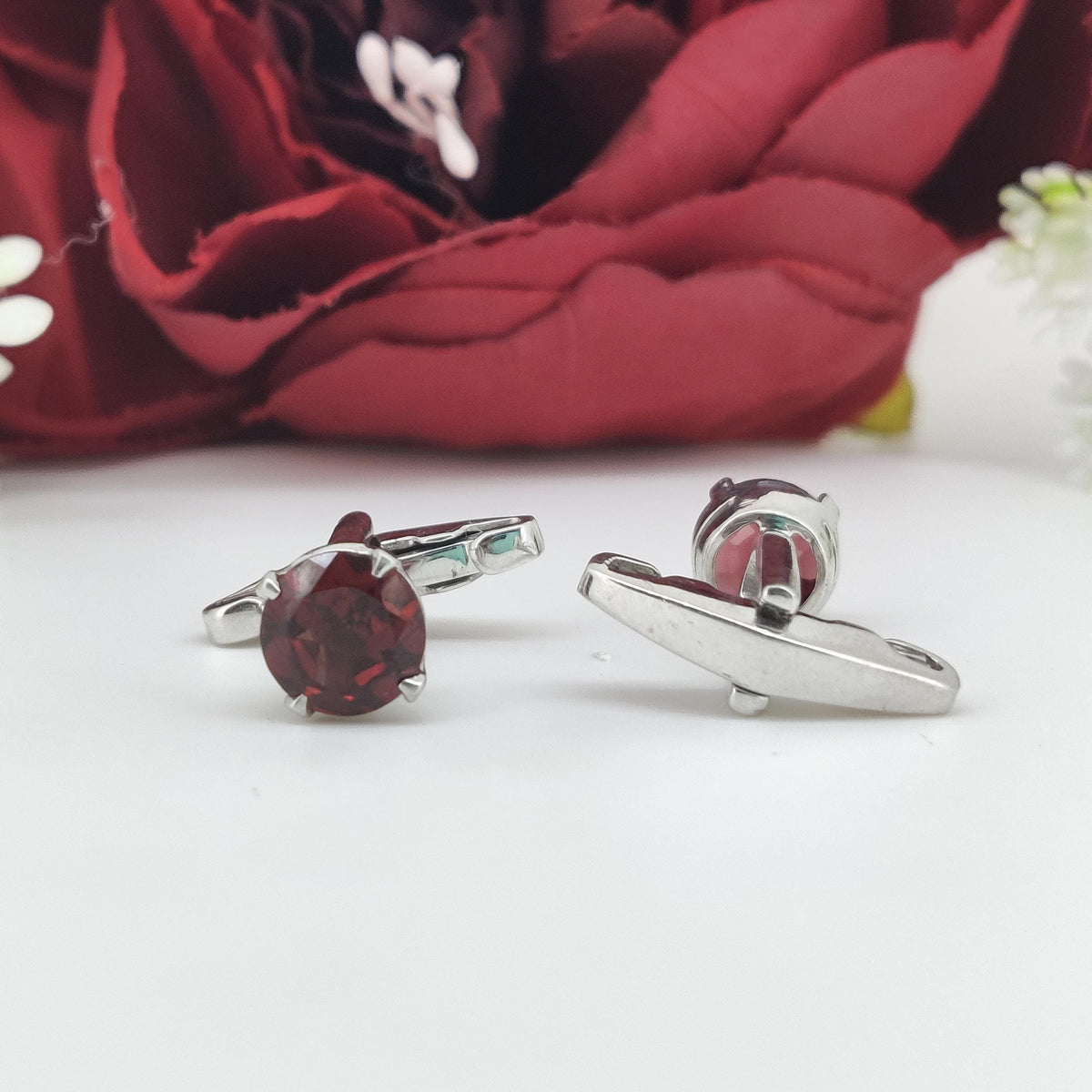 Natural Garnet Round Cut Cufflinks-925 Sterling Silver-January Birthstone-Red Garnet Jewelry-Minimalist Gemstone Cufflinks-Formal Men's Wear
