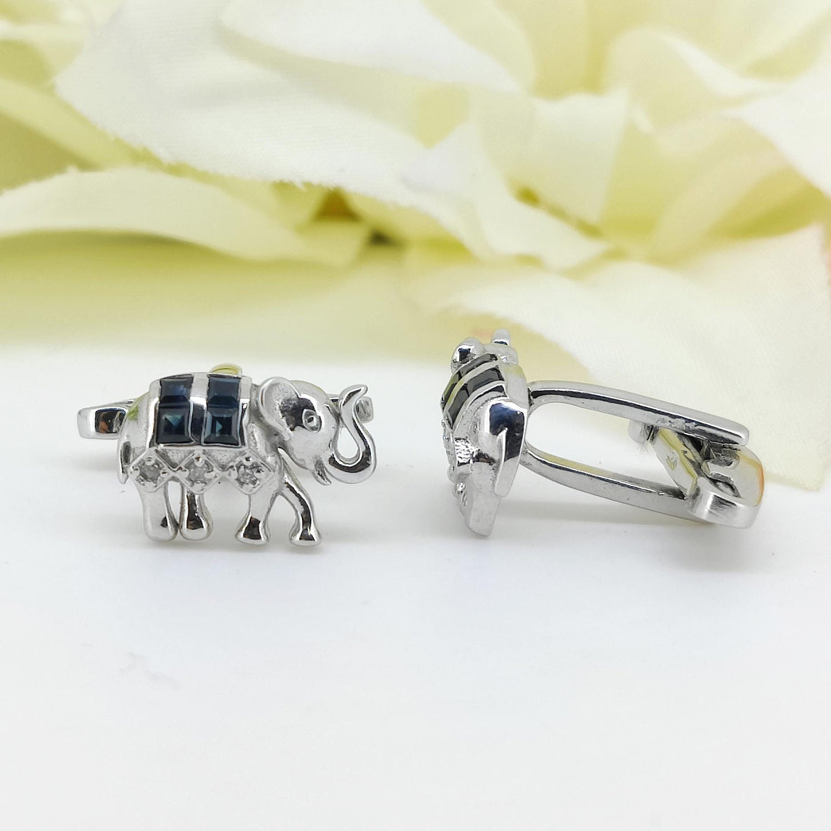 Natural Blue Sapphire Elephant Cufflinks, 925 Sterling Silver, September Birthstone, Minimalist Animal Jewelry