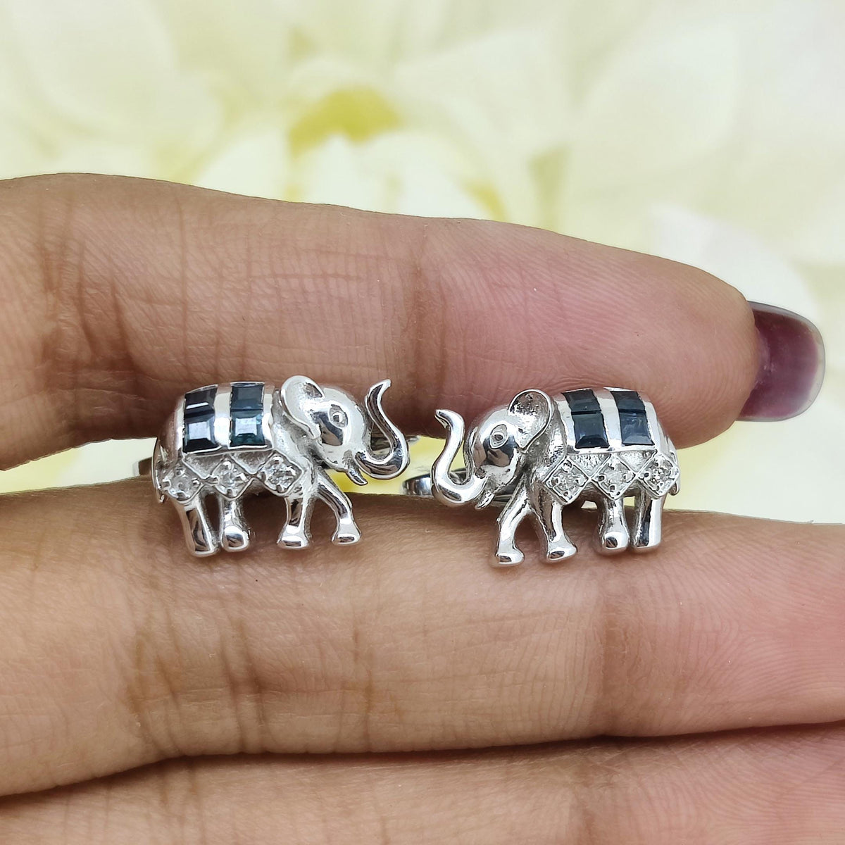 Natural Blue Sapphire Elephant Cufflinks, 925 Sterling Silver, September Birthstone, Minimalist Animal Jewelry