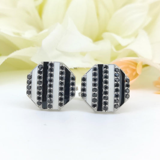 Natural Black Spinel Sterling Silver Cufflinks, Hexagon Shape Men's Jewelry, August Birthstone