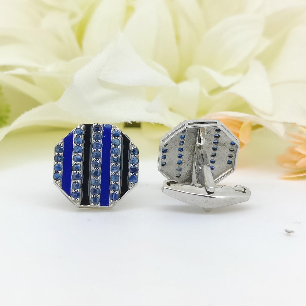Blue Sapphire Enamel Cufflinks: Sterling Silver Hexagon Design