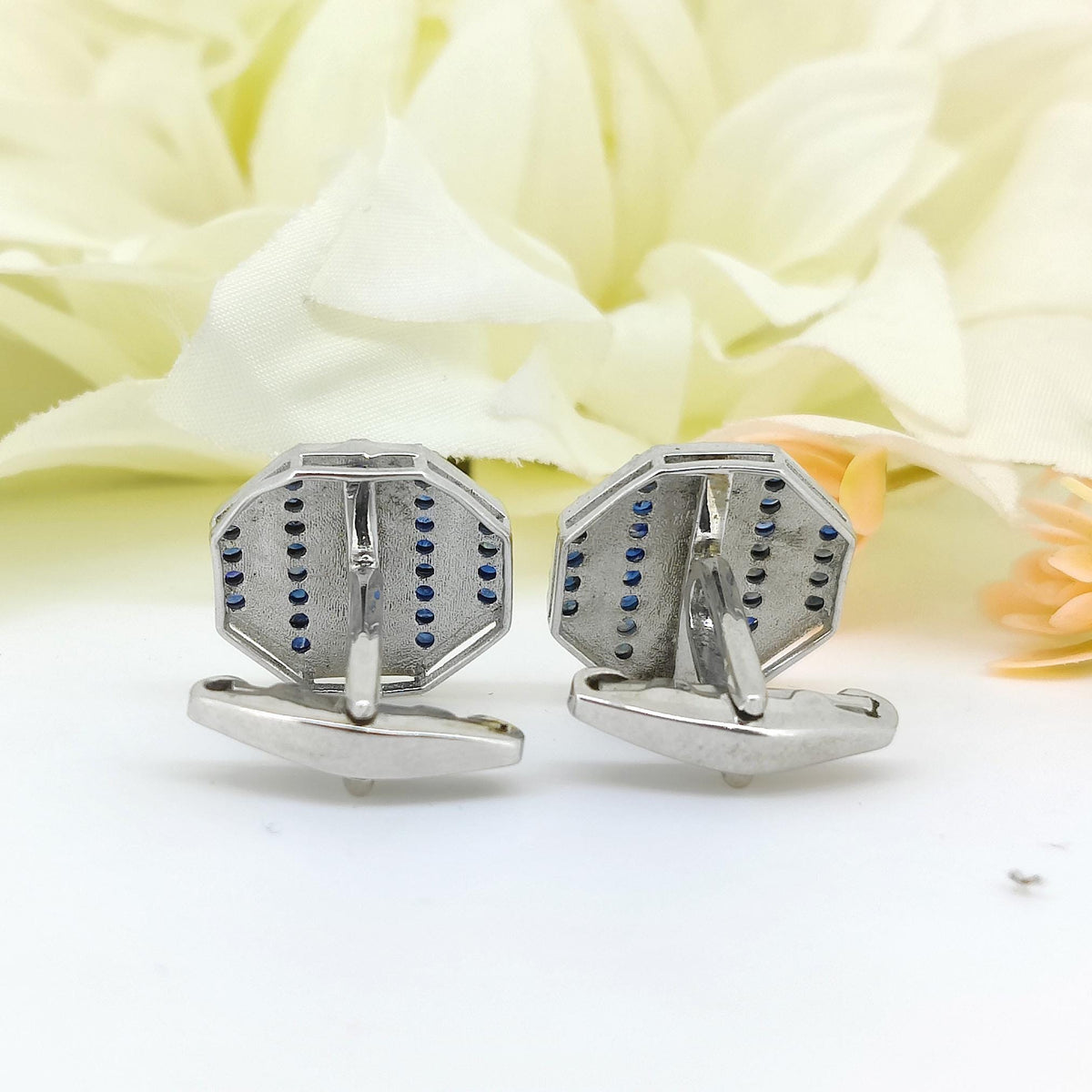 Blue Sapphire Enamel Cufflinks: Sterling Silver Hexagon Design