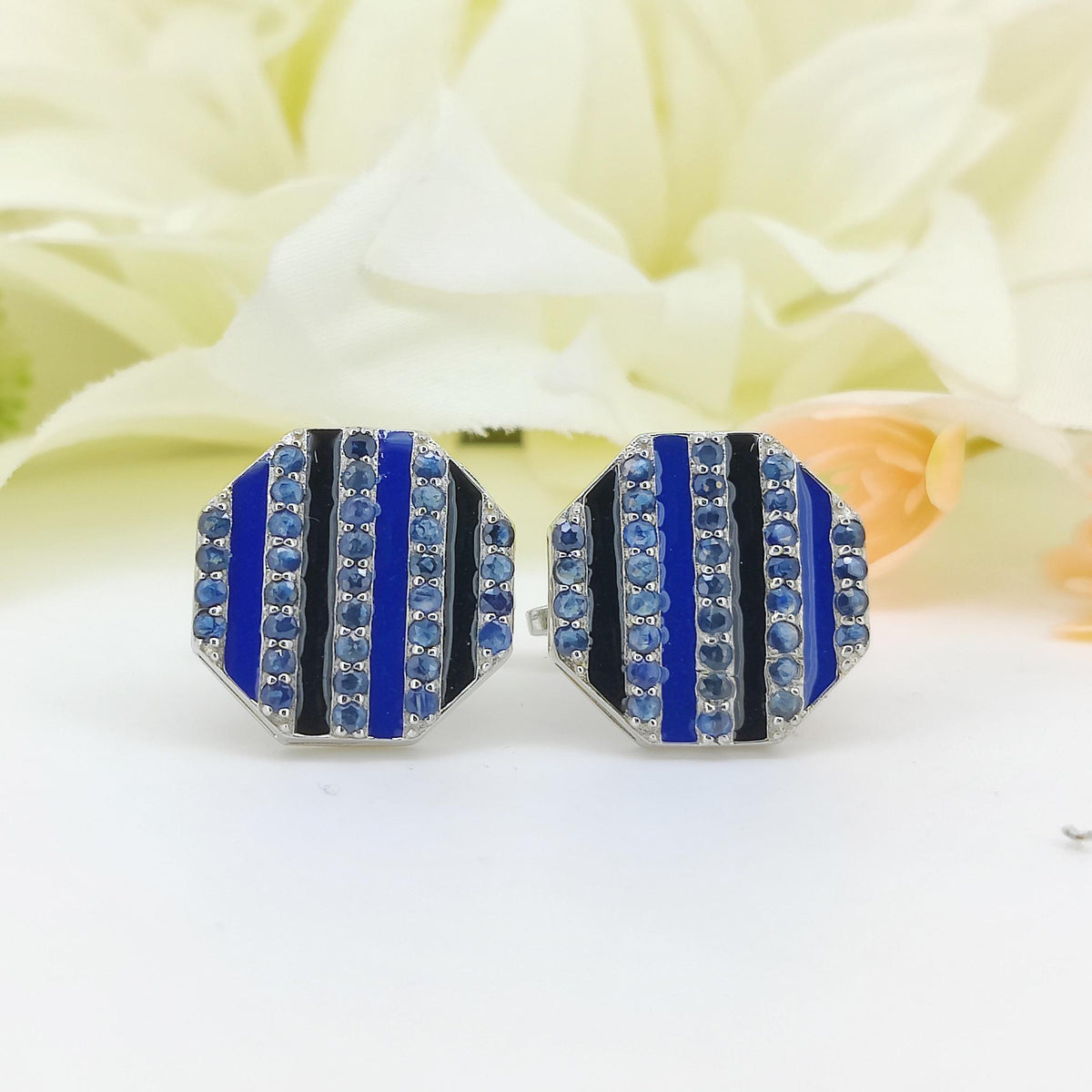 Blue Sapphire Enamel Cufflinks: Sterling Silver Hexagon Design