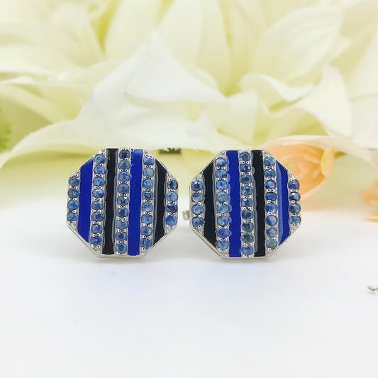 Blue Sapphire Enamel Cufflinks: Sterling Silver Hexagon Design