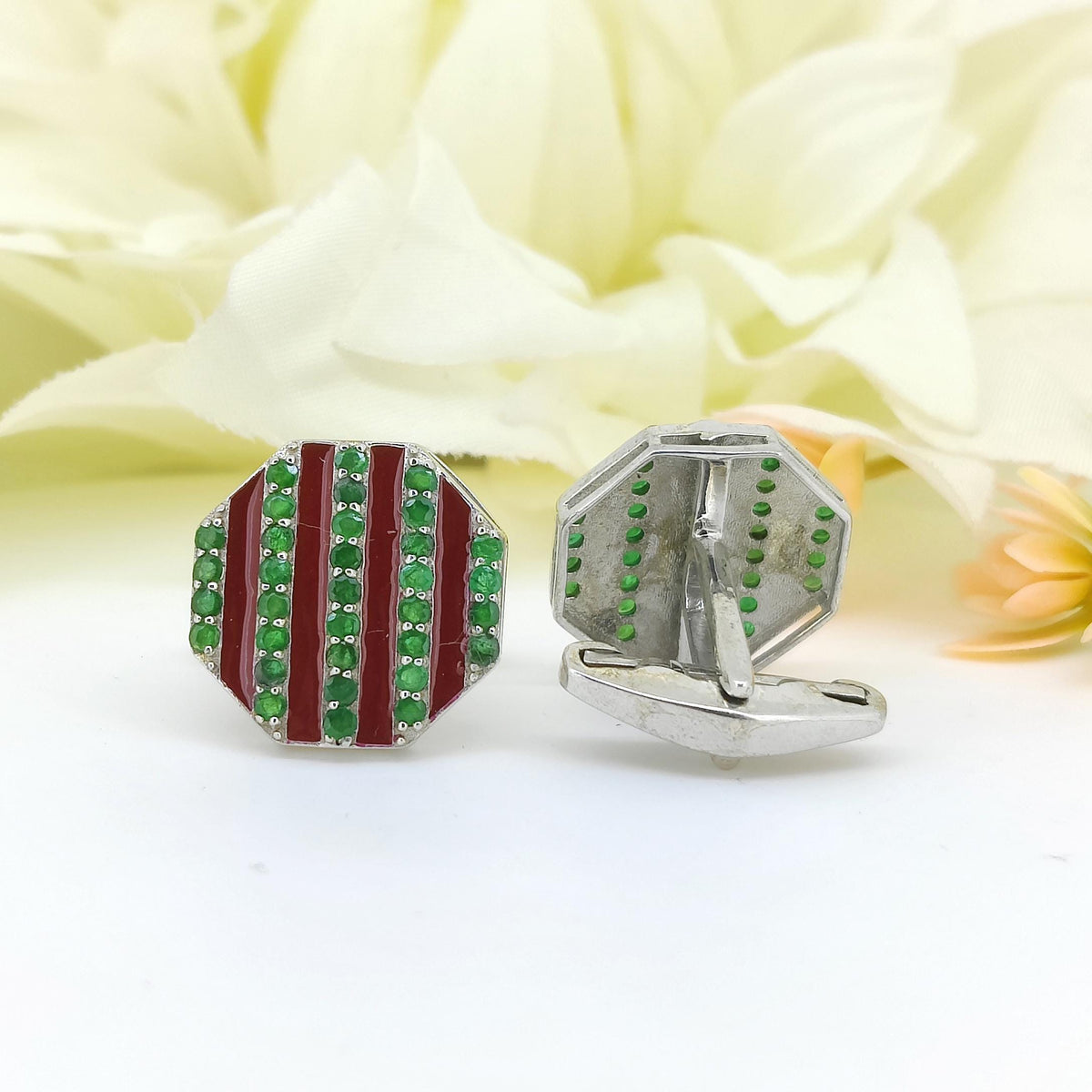 Natural Emerald Enamel Cufflinks-925 Sterling Silver-Gemstone Cufflinks-May Birthstone Jewelry-Anniversary Gifts-Minimalist Cufflinks