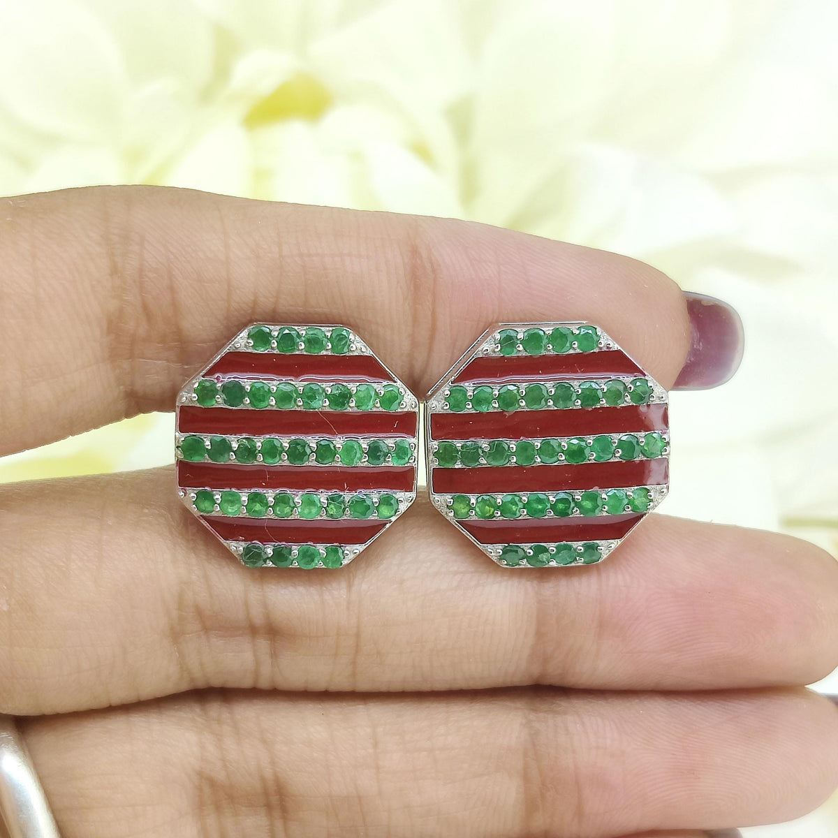 Natural Emerald Enamel Cufflinks-925 Sterling Silver-Gemstone Cufflinks-May Birthstone Jewelry-Anniversary Gifts-Minimalist Cufflinks