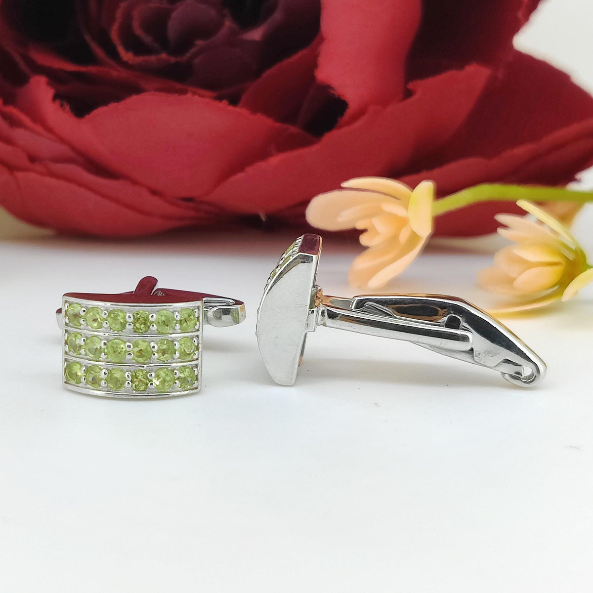 Natural Peridot Sterling Silver Cufflinks, August Birthstone Men's Jewelry