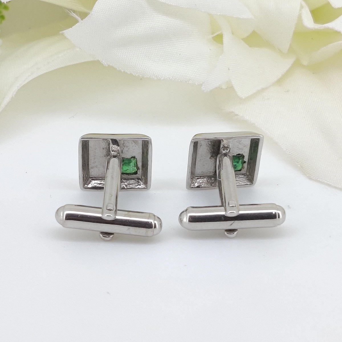 Minimalist Emerald Cufflinks, 925 Sterling Silver Square Gemstone Studs