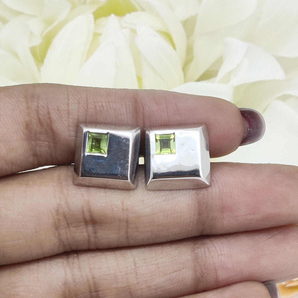 Peridot Cufflinks- Sterling Silver Handmade Square Gemstone, August Birthstone