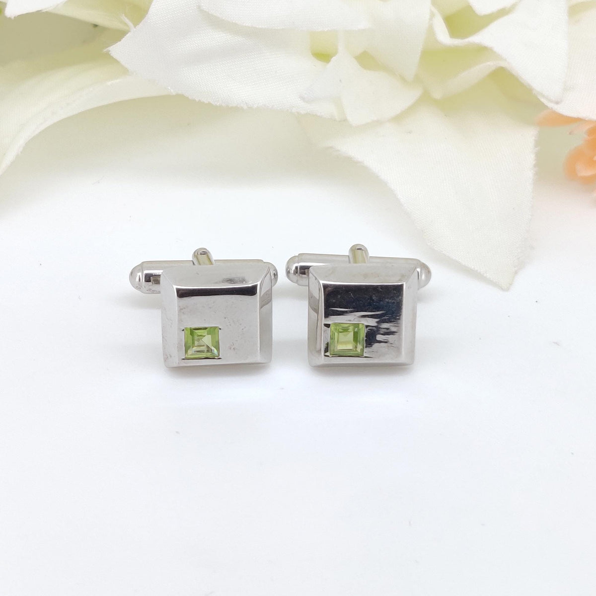 Peridot Cufflinks- Sterling Silver Handmade Square Gemstone, August Birthstone