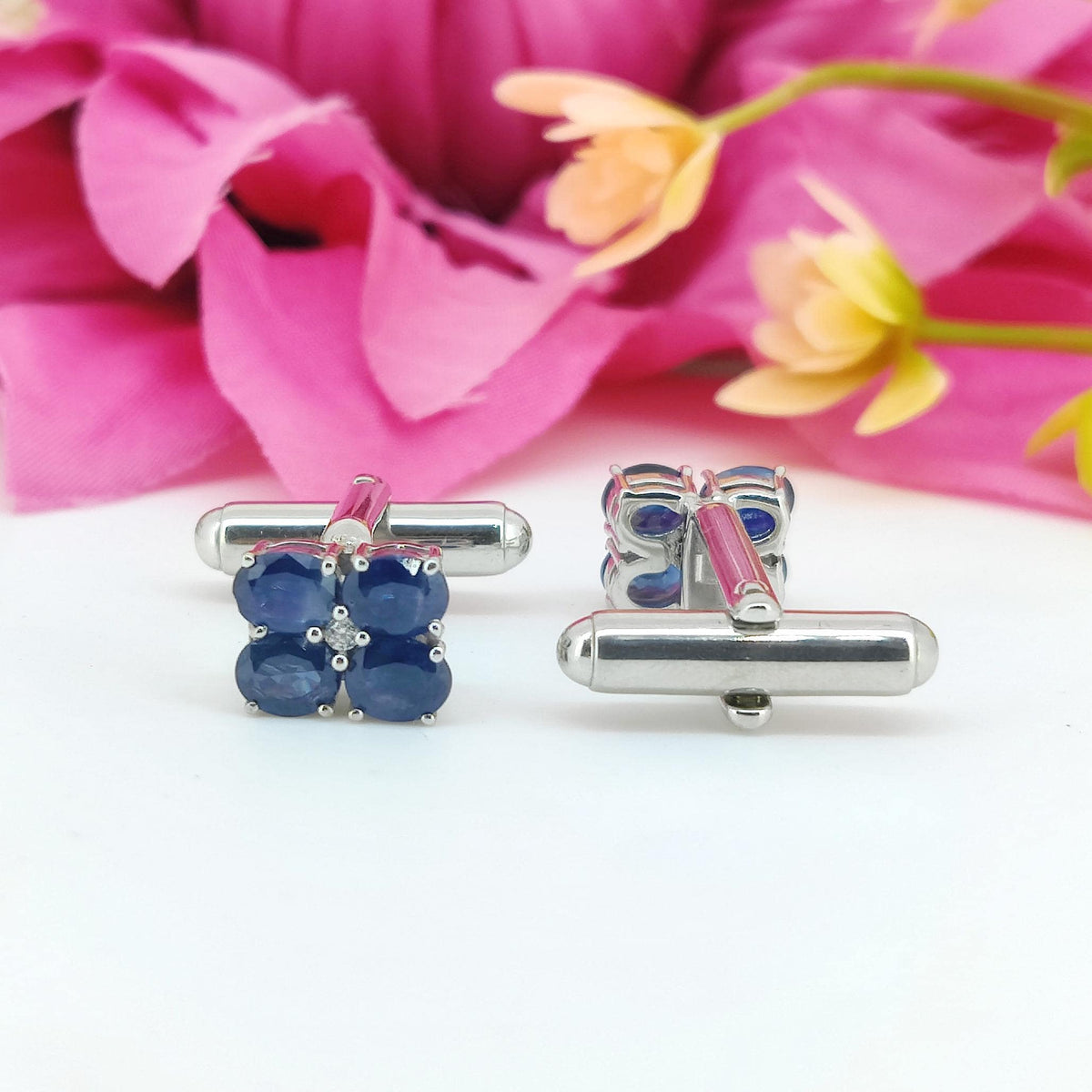 Oval Blue Sapphire Cufflinks, 925 Sterling Silver, September Birthstone Accessories