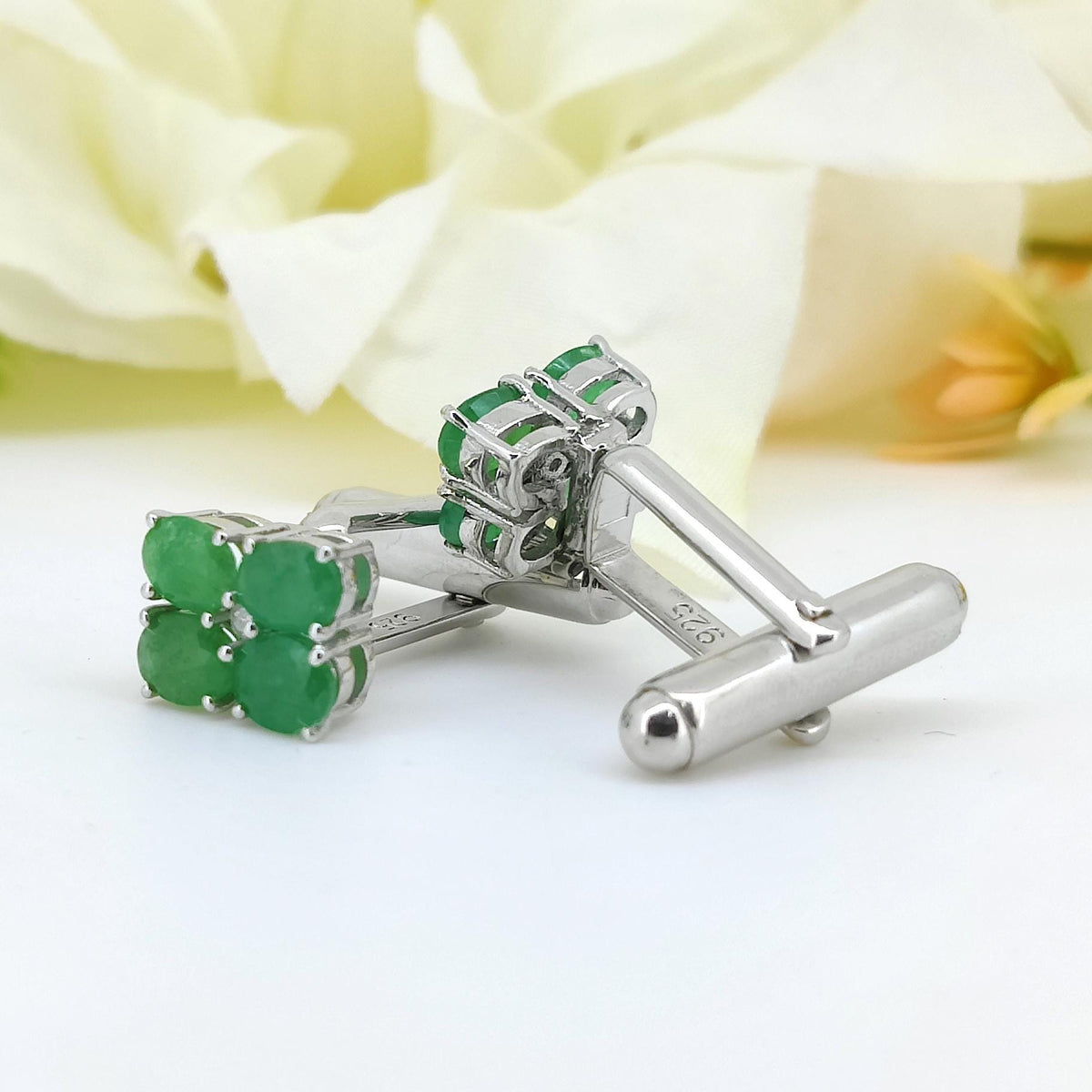 Natural Emerald Oval Cufflinks, 925 Sterling Silver, May Birthstone Gift for Him