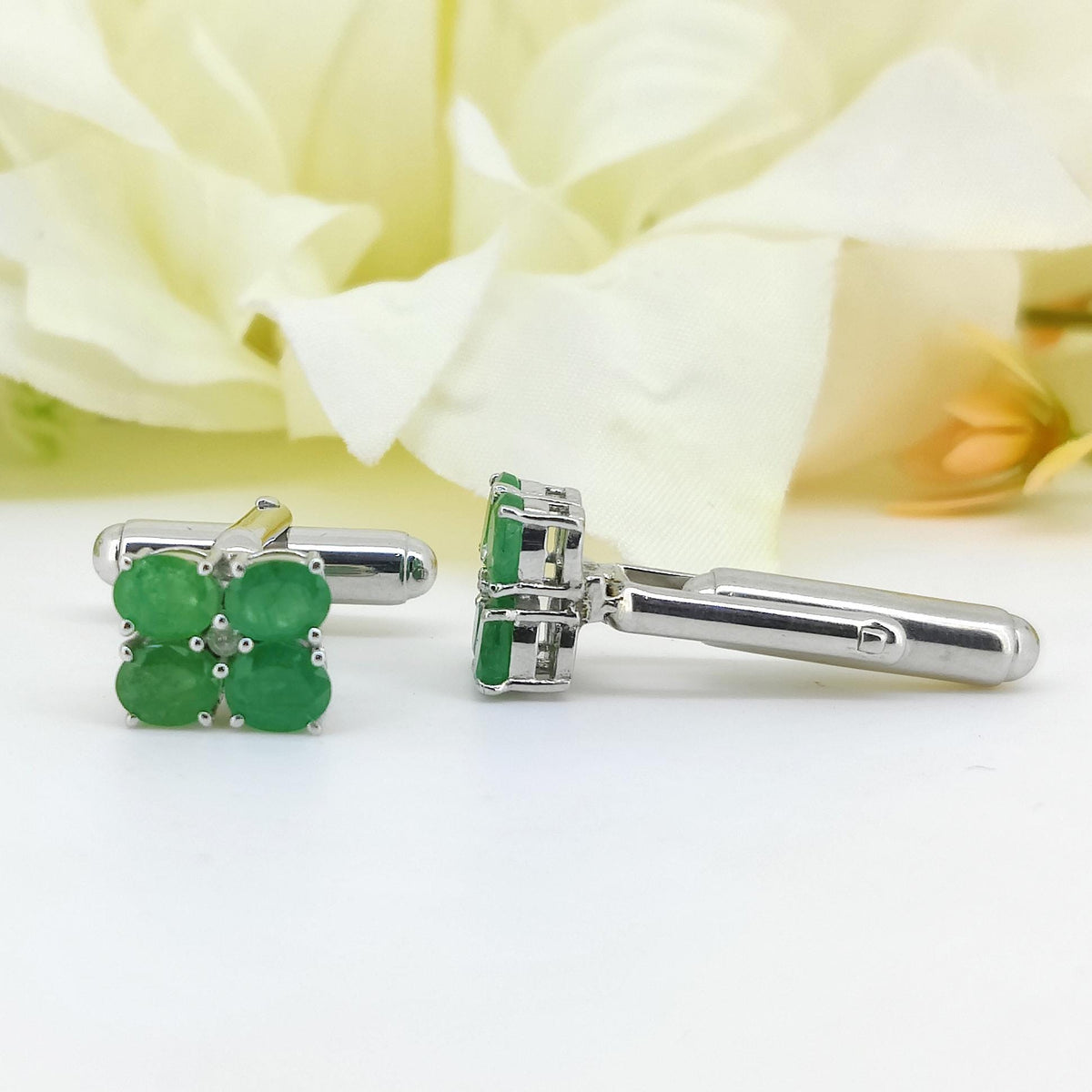 Natural Emerald Oval Cufflinks, 925 Sterling Silver, May Birthstone Gift for Him
