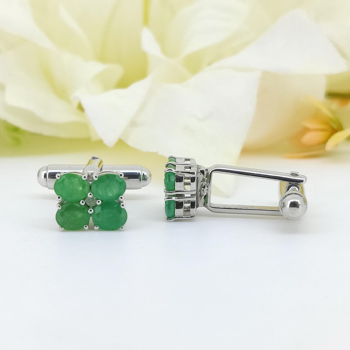 Natural Emerald Oval Cufflinks, 925 Sterling Silver, May Birthstone Gift for Him