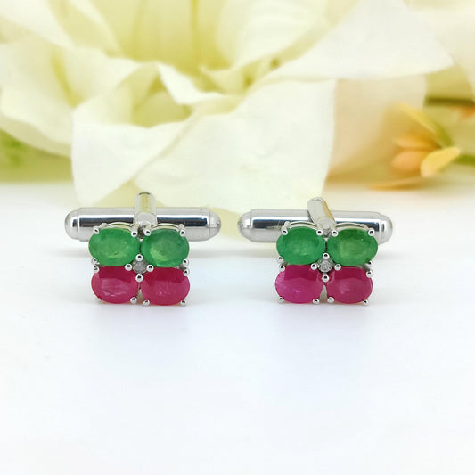 Genuine Ruby Emerald Cufflinks, 925 Silver Oval Gemstone Studs, July May Birthstone Jewelry