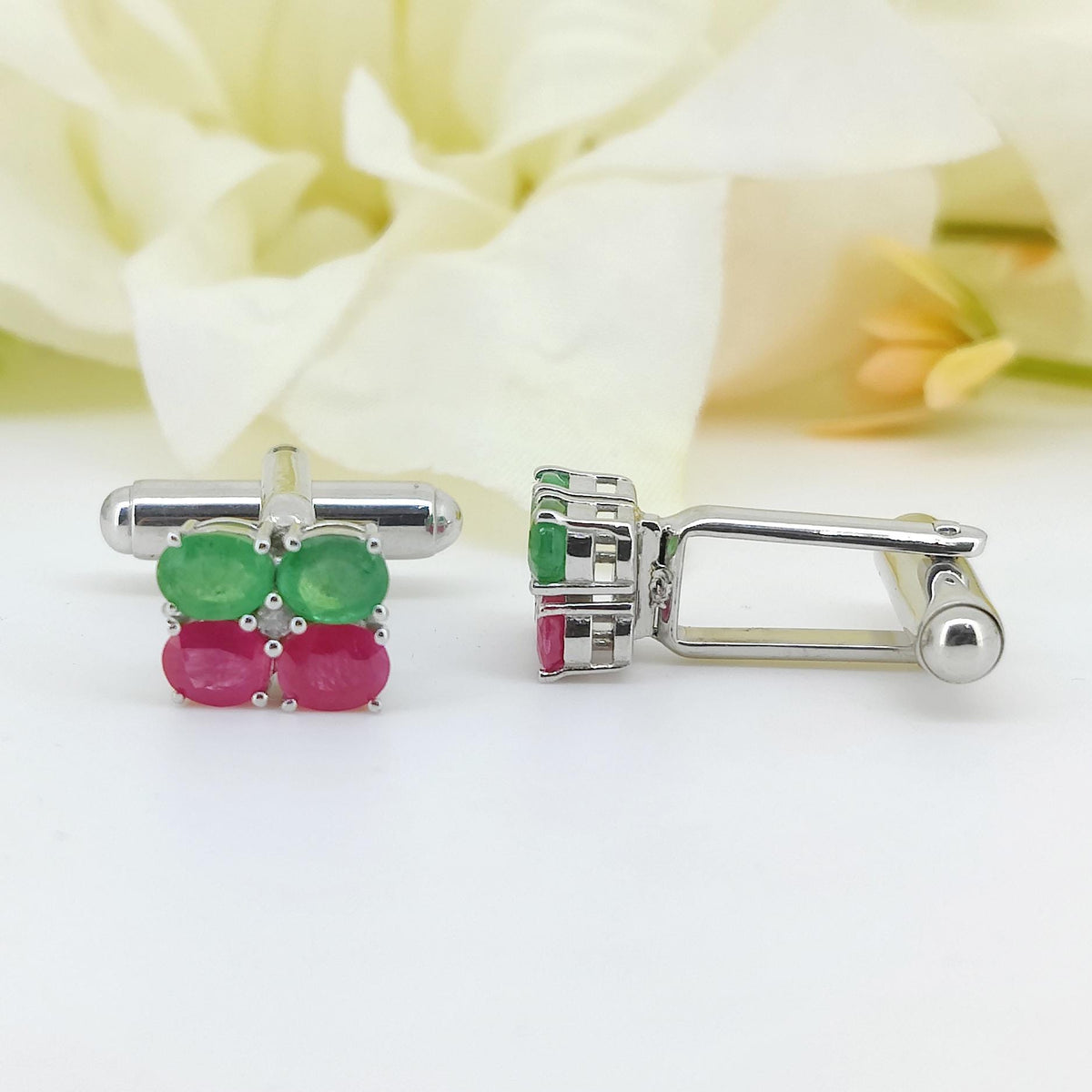 Genuine Ruby Emerald Cufflinks, 925 Silver Oval Gemstone Studs, July May Birthstone Jewelry