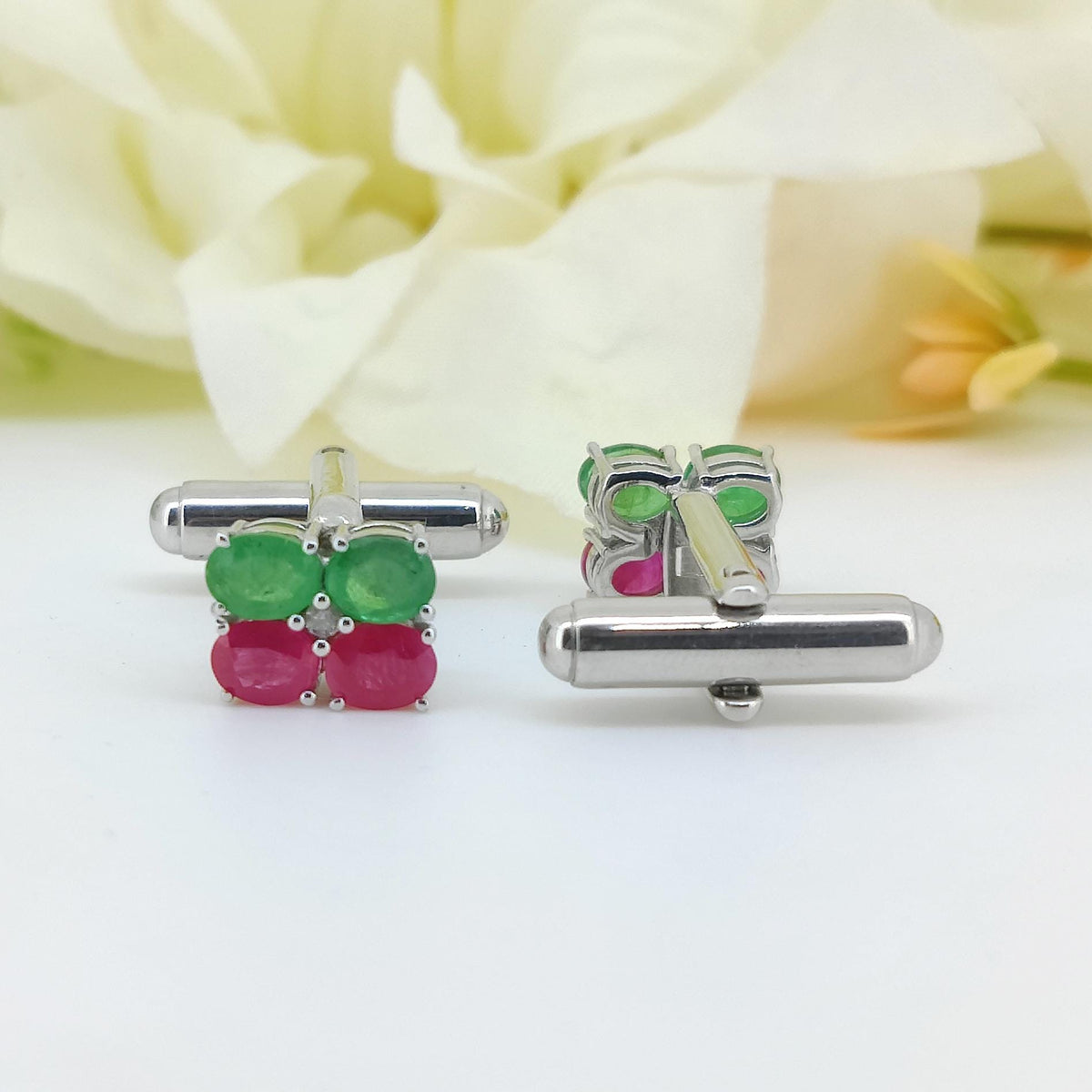Genuine Ruby Emerald Cufflinks, 925 Silver Oval Gemstone Studs, July May Birthstone Jewelry