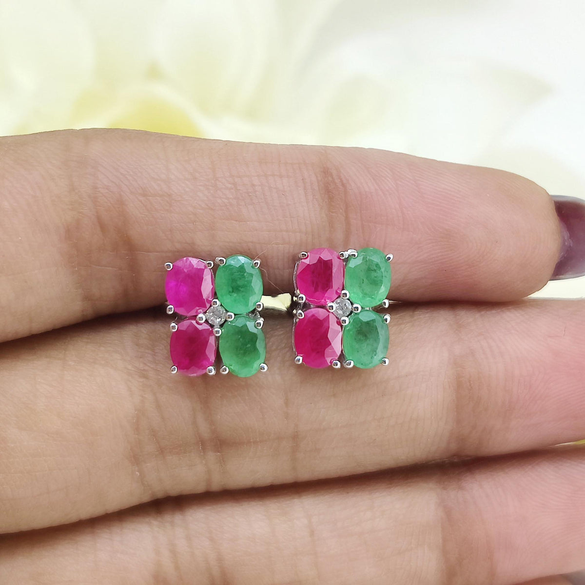Genuine Ruby Emerald Cufflinks, 925 Silver Oval Gemstone Studs, July May Birthstone Jewelry