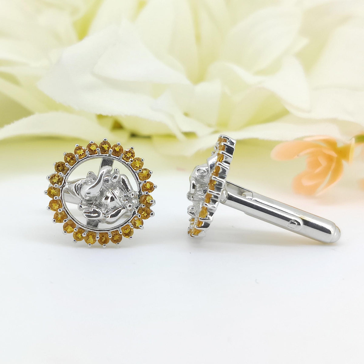 Sterling Silver Citrine Ganesha Cufflinks, Indian Wedding Groom Jewelry, November Birthstone Studs