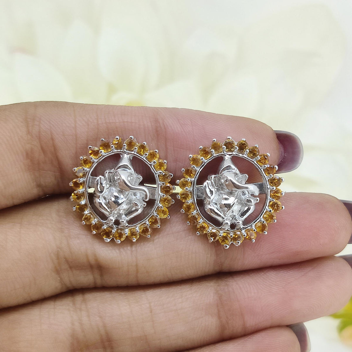 Sterling Silver Citrine Ganesha Cufflinks, Indian Wedding Groom Jewelry, November Birthstone Studs