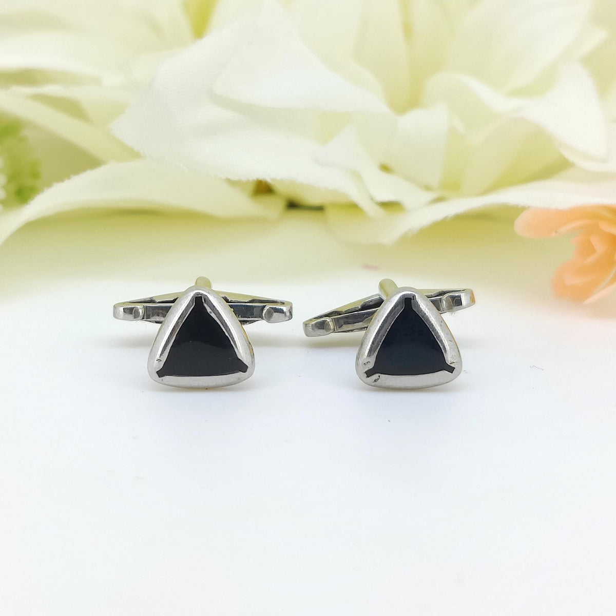 Sterling Silver Triangle Cufflinks, Black Enamel Men's Formal Jewelry