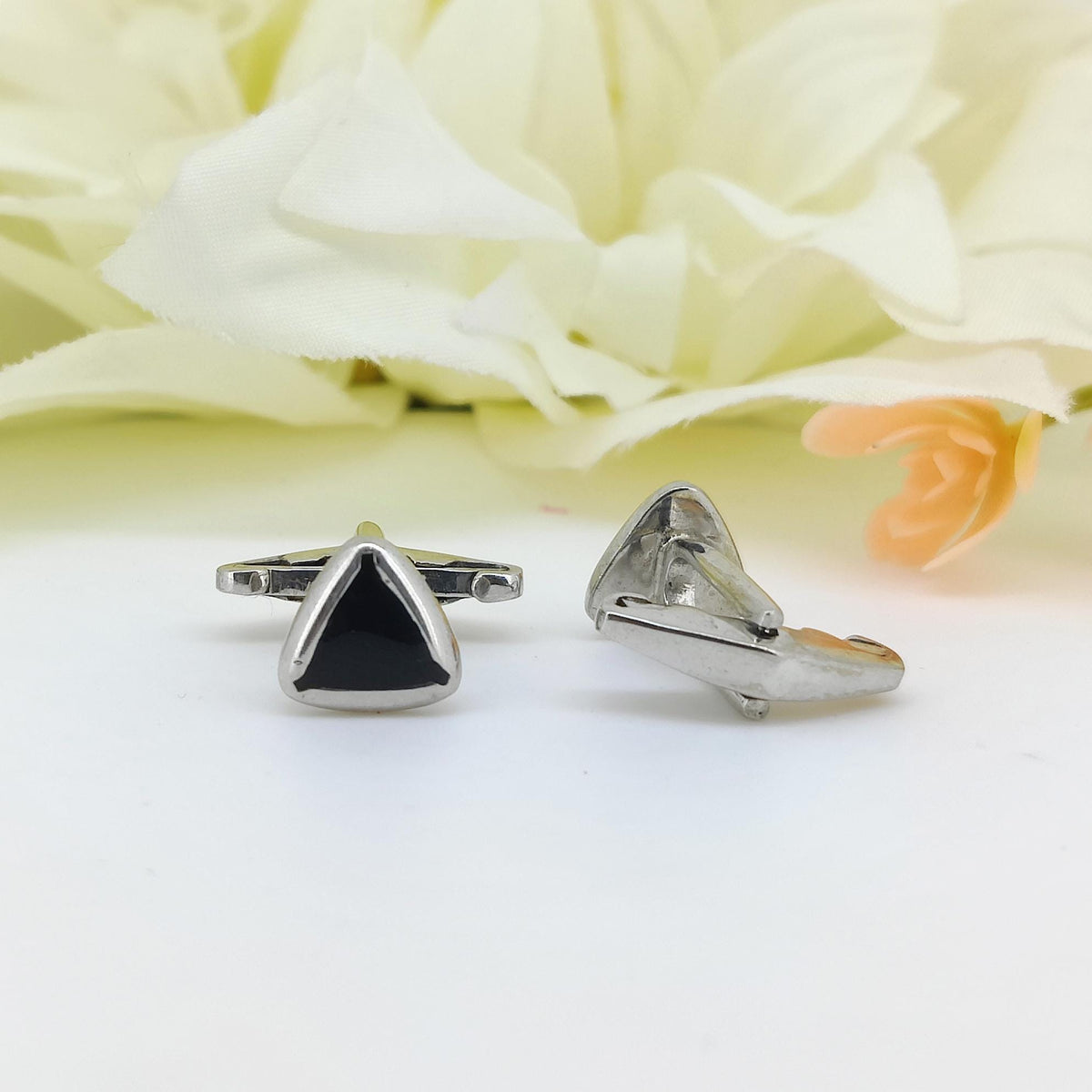 Sterling Silver Triangle Cufflinks, Black Enamel Men's Formal Jewelry