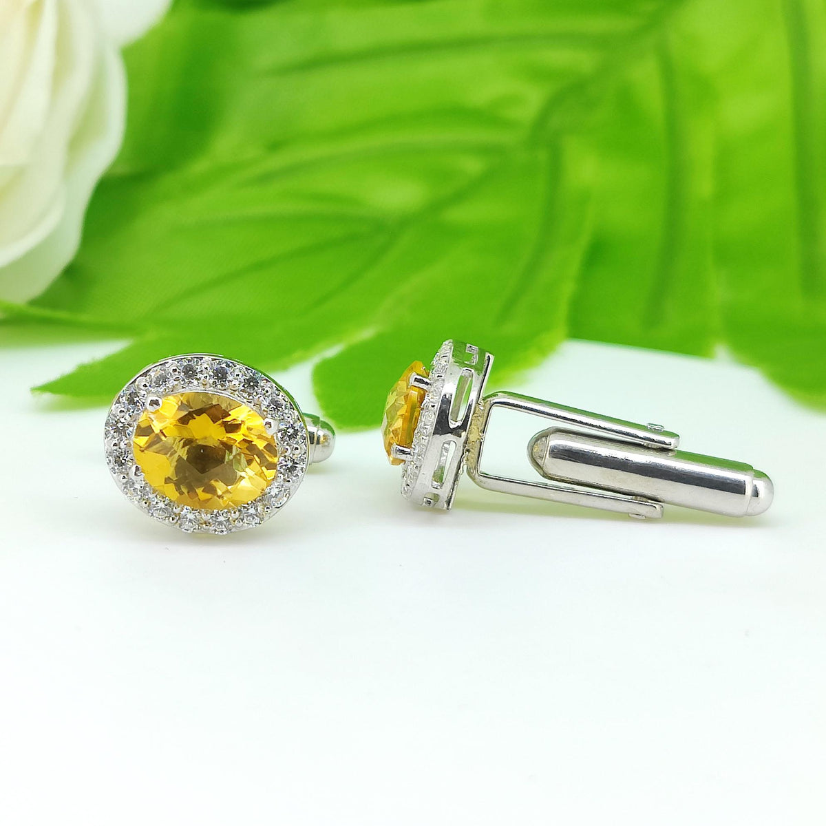Natural Citrine Oval Cufflinks, 925 Sterling Silver, November Birthstone Accessories
