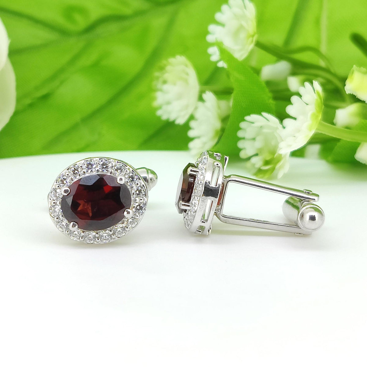 Natural Garnet Sterling Silver Cufflinks, Halo Cluster Men's Jewelry (January Birthstone)