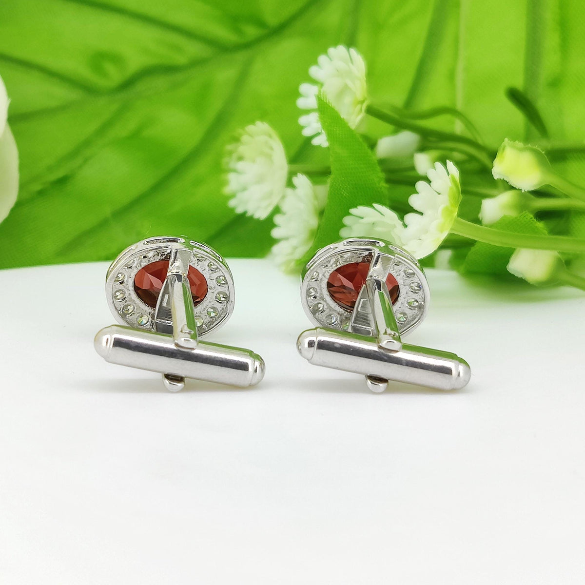 Natural Garnet Sterling Silver Cufflinks, Halo Cluster Men's Jewelry (January Birthstone)