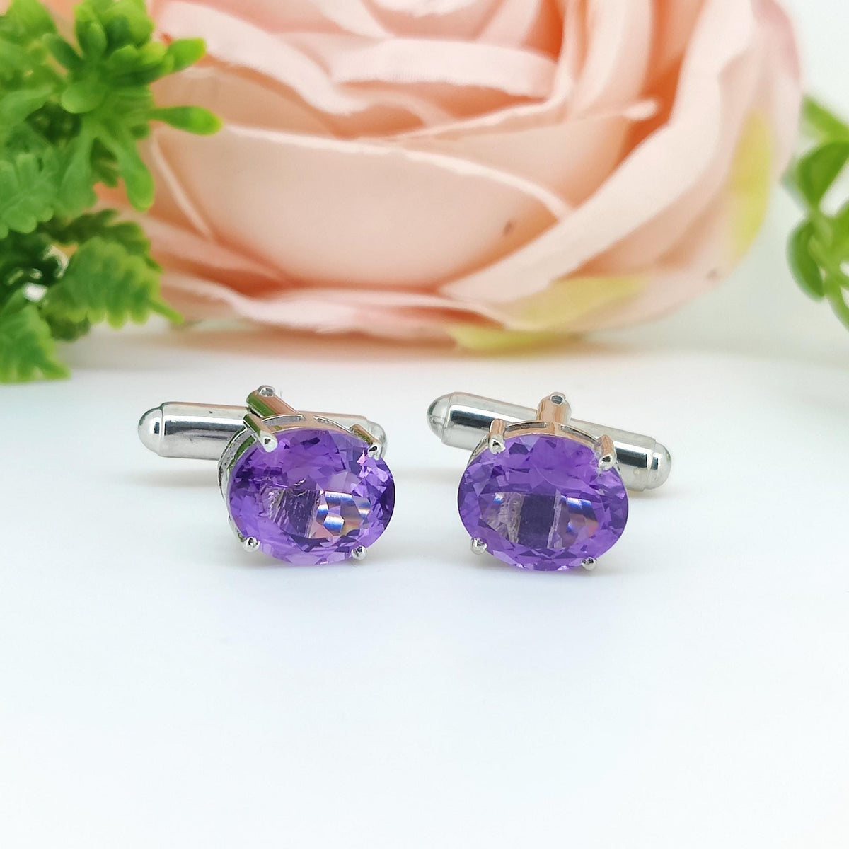 Oval Amethyst Sterling Silver Cufflinks, February Birthstone Formal Jewelry