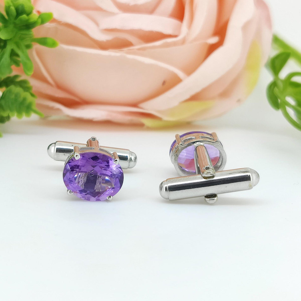 Oval Amethyst Sterling Silver Cufflinks, February Birthstone Formal Jewelry