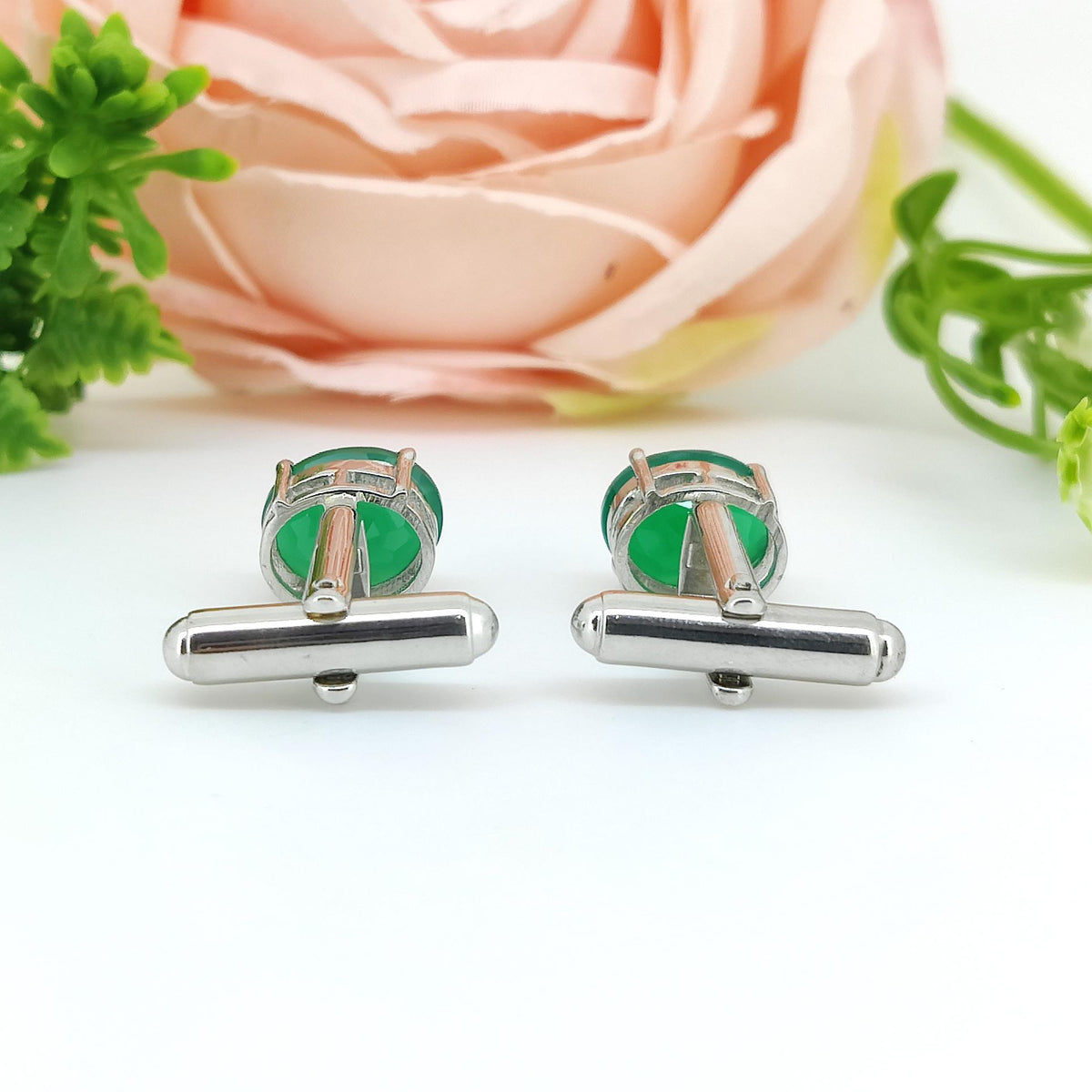 Sterling Silver Green Onyx Oval Cufflinks, May Birthstone Jewelry, Minimalist Formal Wear Accessories