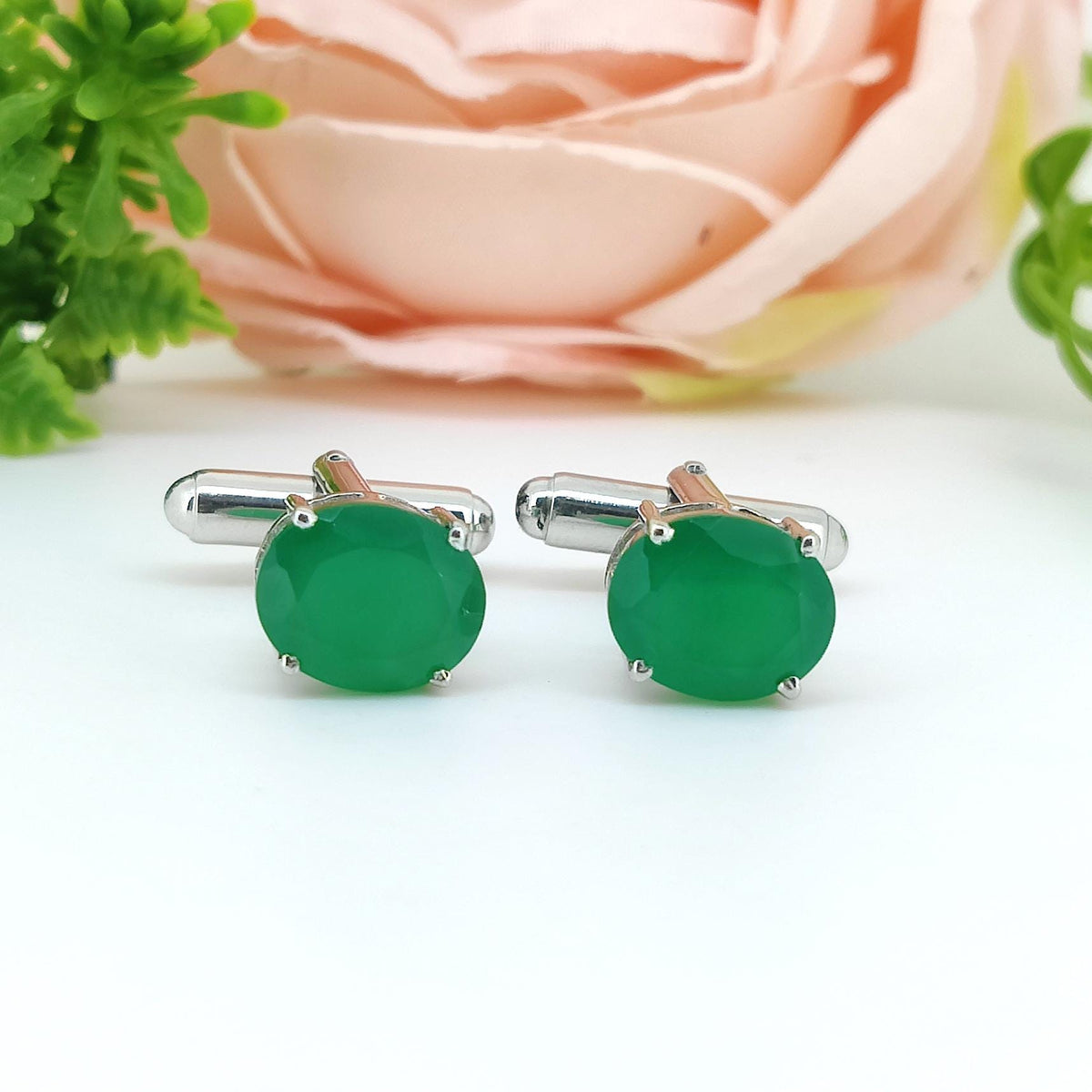 Sterling Silver Green Onyx Oval Cufflinks, May Birthstone Jewelry, Minimalist Formal Wear Accessories