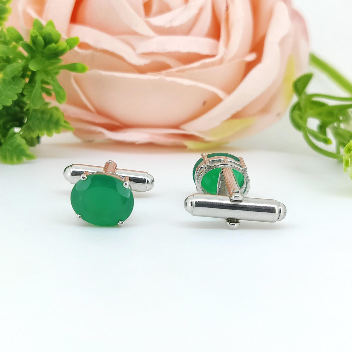 Sterling Silver Green Onyx Oval Cufflinks, May Birthstone Jewelry, Minimalist Formal Wear Accessories