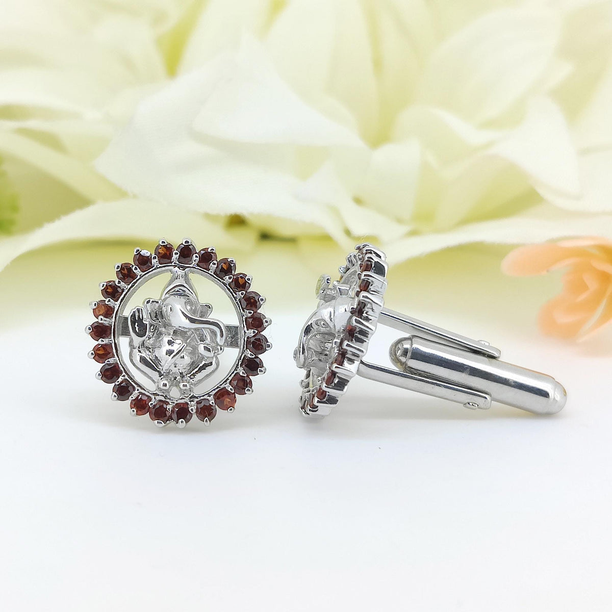 Garnet Ganesha Cufflinks, Sterling Silver Lord Ganesh Jewelry, January Birthstone, Men's Accessories