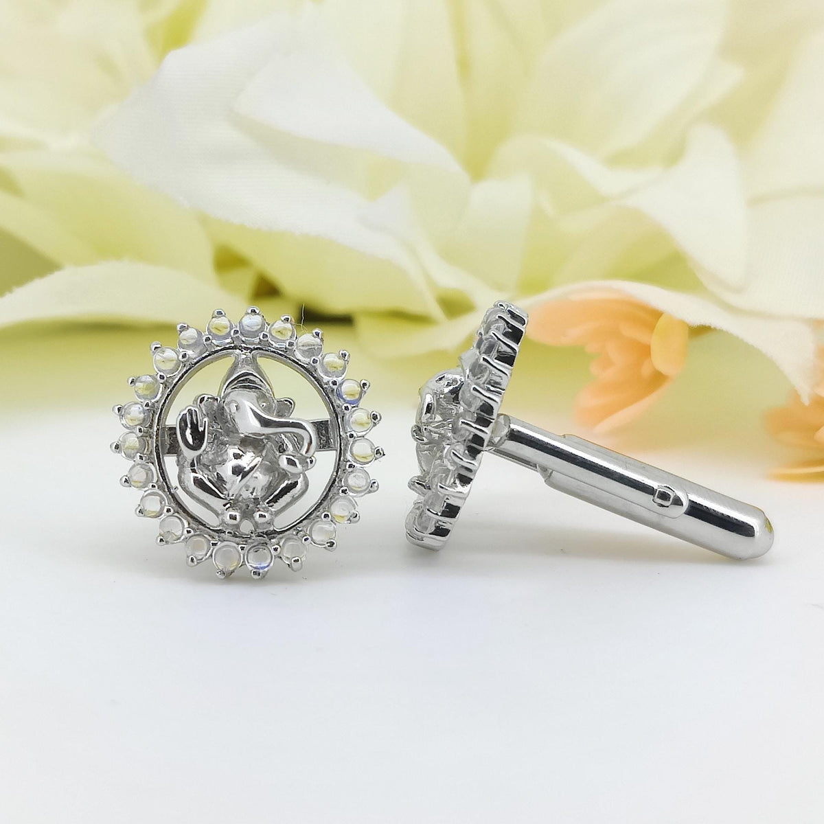 Sterling Silver Ganesha Cufflinks, Rainbow Moonstone, Hindu Groom Jewelry, June Birthstone Gift