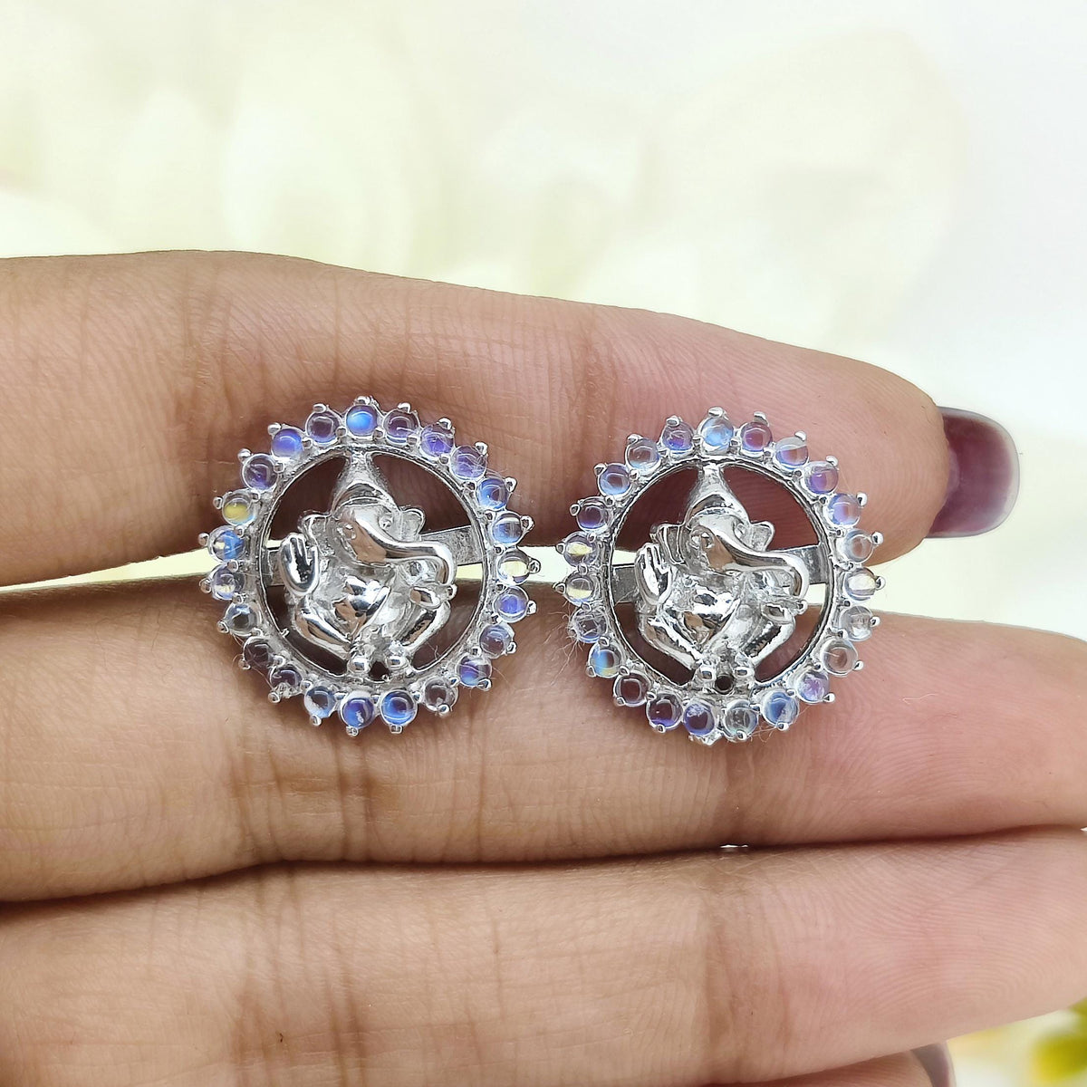 Sterling Silver Ganesha Cufflinks, Rainbow Moonstone, Hindu Groom Jewelry, June Birthstone Gift