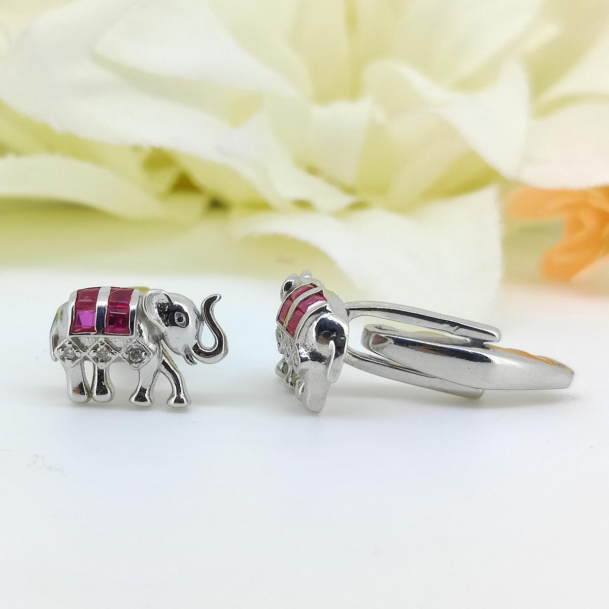 Natural Ruby Elephant Cufflinks, Sterling Silver, July Birthstone, Animal Jewelry