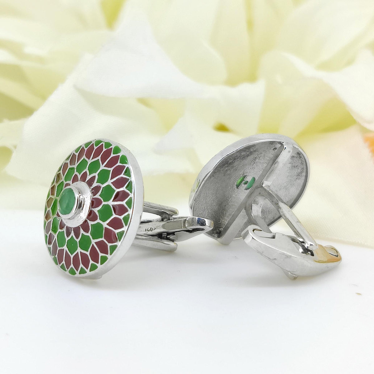 Emerald Enamel Cufflinks, Sterling Silver, Red Green Floral Design, May Birthstone Accessories