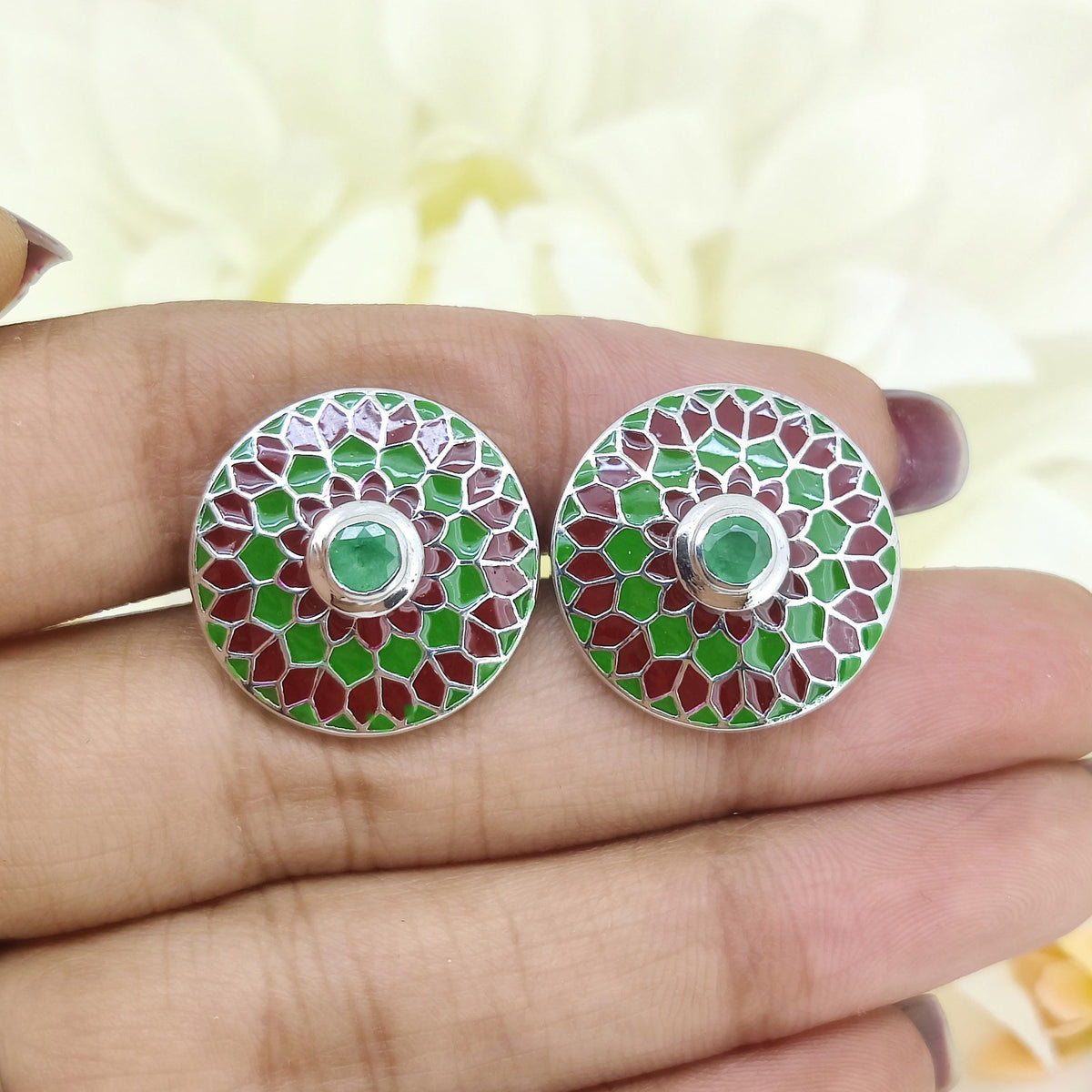 Emerald Enamel Cufflinks, Sterling Silver, Red Green Floral Design, May Birthstone Accessories