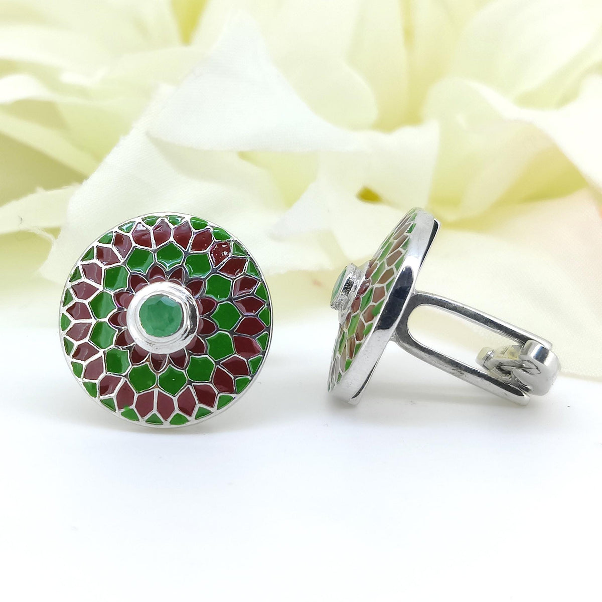 Emerald Enamel Cufflinks, Sterling Silver, Red Green Floral Design, May Birthstone Accessories