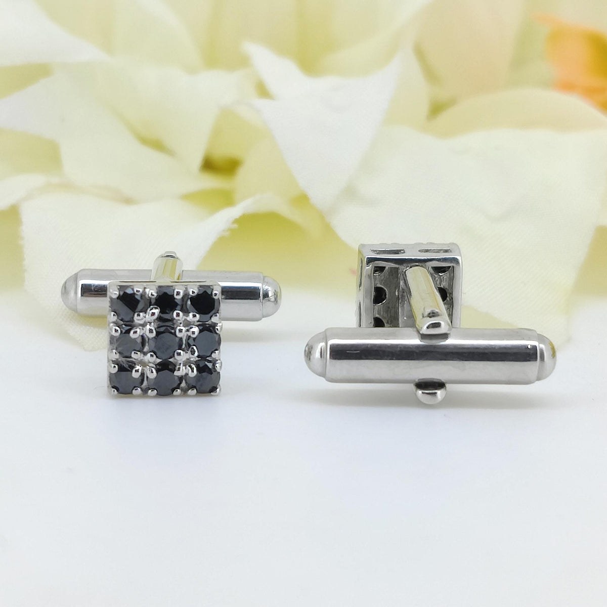 Sterling Silver Black Cubic Zirconia Cufflinks, Square Cut Formal Jewelry