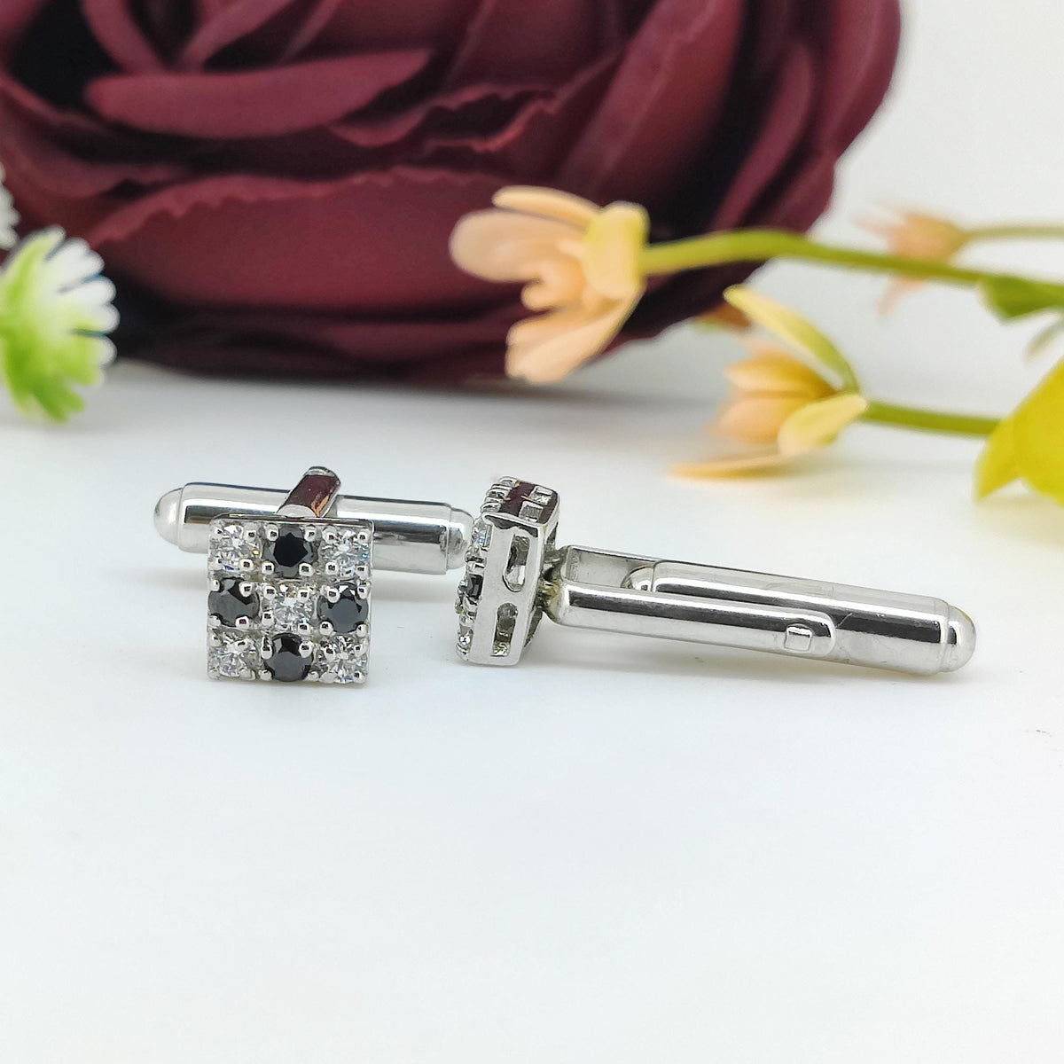 Sterling Silver Black White Cubic Zirconia Square Cufflinks, Formal Men's Tuxedo Accessories