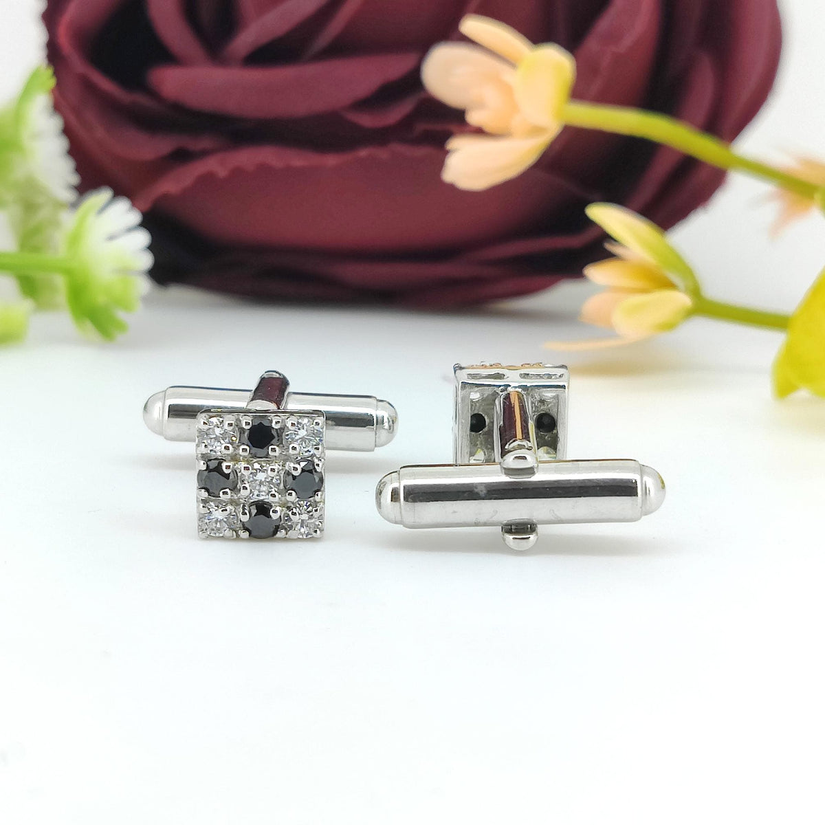 Sterling Silver Black White Cubic Zirconia Square Cufflinks, Formal Men's Tuxedo Accessories